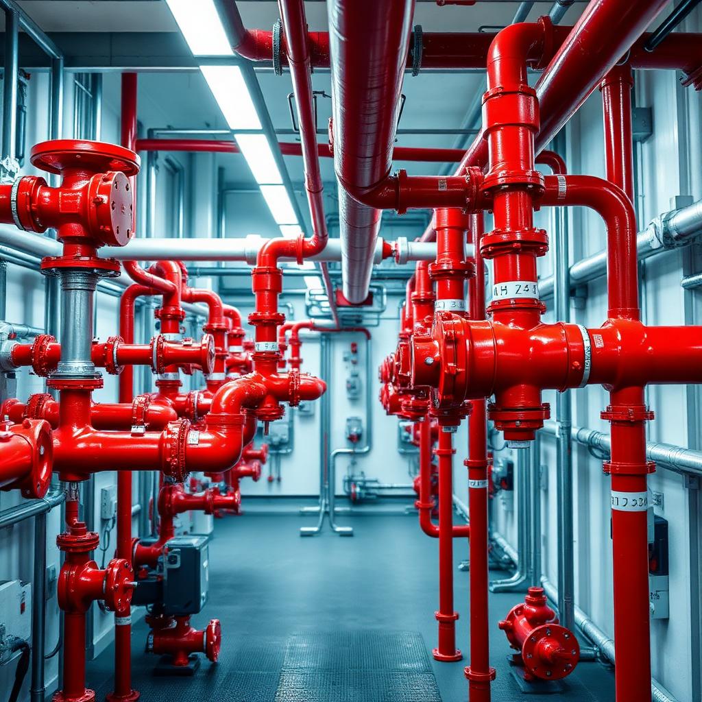 Tubazioni rosse di un impianto antincendio in centrale tecnica