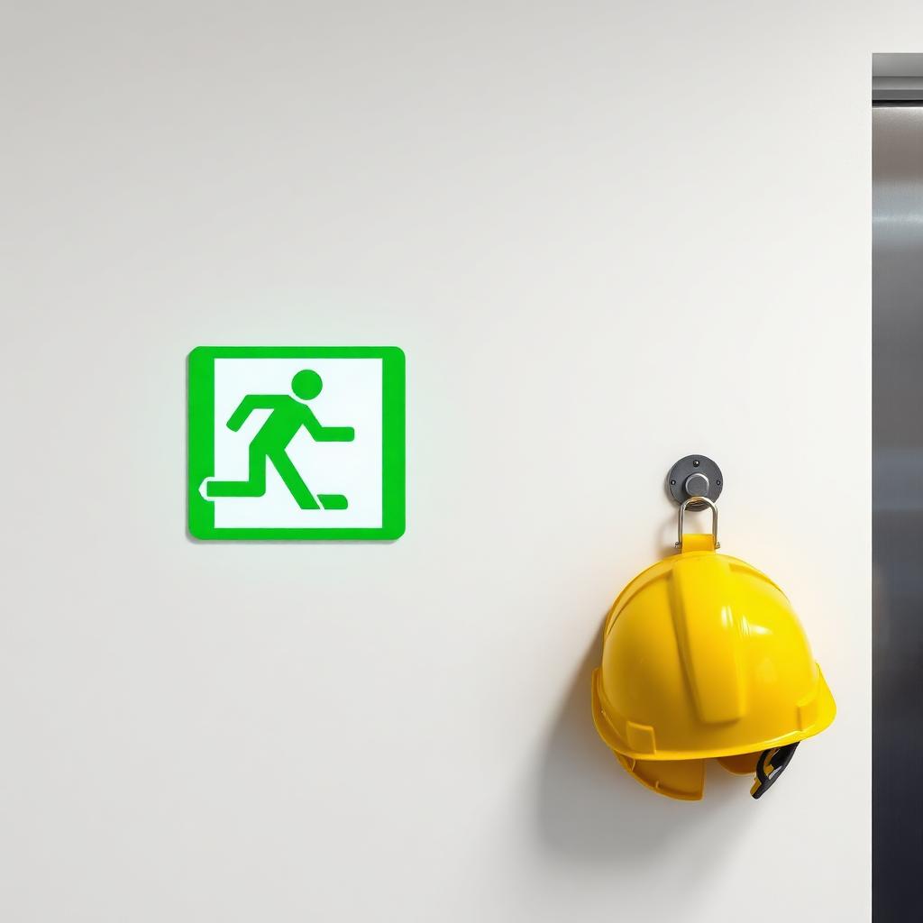 Segnaletica di sicurezza con cartello di uscita di emergenza e casco